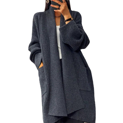 Cardigan Tricoté Uni à Poches – Coupe Ample et Confortable