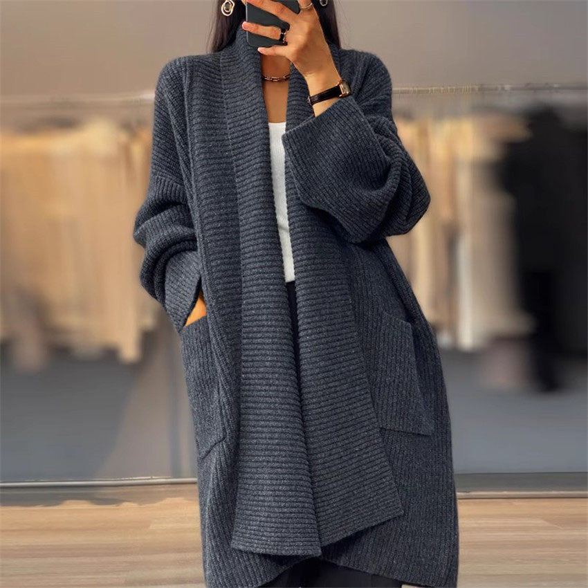 Cardigan Tricoté Uni à Poches – Coupe Ample et Confortable